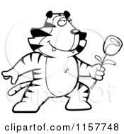 Cartoon Clipart Of A Black And White Romantic Tiger Presenting A Rose Vector Outlined Coloring Page