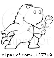 Cartoon Clipart Of A Black And White Romantic Tyrannosaurus Rex Presenting A Rose Vector Outlined Coloring Page