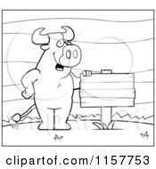 Cartoon Clipart Of A Black And White Bull Standing Upright Beside A Blank Sign Outdoors Vector Outlined Coloring Page