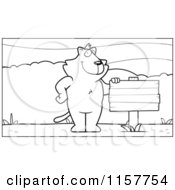 Cartoon Clipart Of A Black And White Cat Standing Upright Beside A Blank Wood Sign Outdoors Vector Outlined Coloring Page