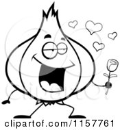 Cartoon Clipart Of A Black And White Garlic Holding A Rose Vector Outlined Coloring Page by Cory Thoman
