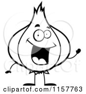 Cartoon Clipart Of A Black And White Garlic Waving Vector Outlined Coloring Page