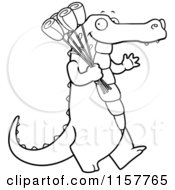Cartoon Clipart Of A Black And White Alligator Carrying Roses Vector Outlined Coloring Page by Cory Thoman