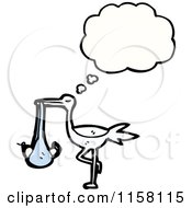 Cartoon Of A Thinking Stork With A Baby Boy Royalty Free Vector Illustration by lineartestpilot