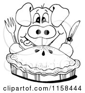 Clipart Of A Sketched Black And White Hungry Pig And Pie Royalty Free Illustration