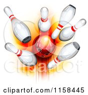 Clipart Of A 3d Red Bowling Ball Crashing Into Glossy Pins Royalty Free Vector Illustration
