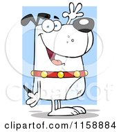Cartoon Of A Happy White Dog Standing Upright And Waving Over Blue Royalty Free Vector Clipart