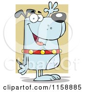 Cartoon Of A Happy Blue Dog Standing Upright And Waving Over Green Royalty Free Vector Clipart