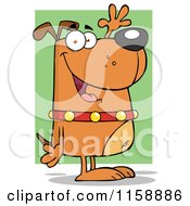Cartoon Of A Happy Brown Dog Standing Upright And Waving Over Green Royalty Free Vector Clipart