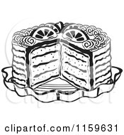 Cartoon Of A Black And White Layered Cake With A Slice Cut Out Royalty Free Vector Clipart