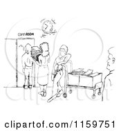 Cartoon Of A Black And White Sketch Of A Line At The Office Copy Room Royalty Free Vector Clipart