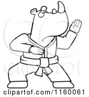 Cartoon Clipart Of A Black And White Karate Rhino Vector Outlined Coloring Page