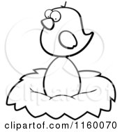Cartoon Clipart Of A Black And White Tiny Bird Sitting On A Large Egg In A Nest Vector Outlined Coloring Page