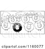 Cartoon Clipart Of A Black And White Group Of White Sheep Looking At A Black Sheep In A Pasture Vector Outlined Coloring Page