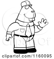 Poster, Art Print Of Black And White Friendly Waving Builder Beaver Wearing A Hard Hat