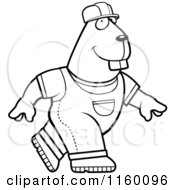 Cartoon Clipart Of A Black And White Walking Builder Beaver In Overalls And A Hard Hat Vector Outlined Coloring Page