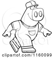 Cartoon Clipart Of A Black And White Builder Pig Walking Vector Outlined Coloring Page