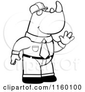 Cartoon Clipart Of A Black And White Big Builder Rhino Waving Vector Outlined Coloring Page