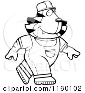Cartoon Clipart Of A Black And White Builder Tiger Walking Vector Outlined Coloring Page