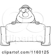 Cartoon Clipart Of A Black And White Plump Safari Man Over A Blank Banner Vector Outlined Coloring Page