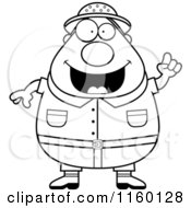 Cartoon Clipart Of A Black And White Plump Male Safari Ranger With An Idea Vector Outlined Coloring Page