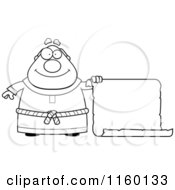 Cartoon Clipart Of A Black And White Plump Monk Holding Out A Blank Scroll Sign Vector Outlined Coloring Page