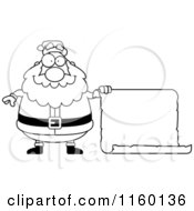 Cartoon Clipart Of A Black And White Plump Santa Holding Out A Blank Scroll Sign Vector Outlined Coloring Page