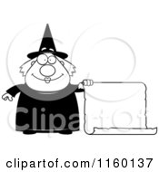 Cartoon Clipart Of A Black And White Chubby Witch Holding A Blank Scroll Sign Vector Outlined Coloring Page