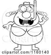 Cartoon Clipart Of A Black And White Pudgy Female Snorkeler With An Idea Vector Outlined Coloring Page