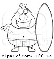 Cartoon Clipart Of A Black And White Pudgy Male Surfer Vector Outlined Coloring Page