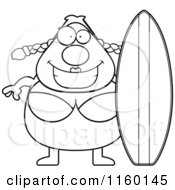 Cartoon Clipart Of A Black And White Pudgy Female Surfer Vector Outlined Coloring Page
