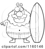 Cartoon Clipart Of A Black And White Pudgy Grandpa Surfer Vector Outlined Coloring Page