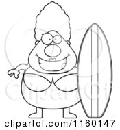 Cartoon Clipart Of A Black And White Pudgy Granny Surfer Vector Outlined Coloring Page