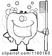 Cartoon Clipart Of A Black And White Smiling Tooth Holding A Brush With Bubbles Vector Outlined Coloring Page