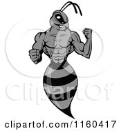 Clipart Of A Grayscale Wasp Flexing Its Arm Royalty Free Vector Illustration by Vector Tradition SM