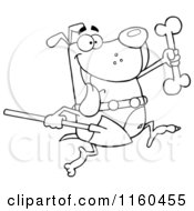 Cartoon Of An Outlined Excited Dog Running With A Shovel To Bury A Bone Royalty Free Vector Clipart
