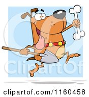 Cartoon Of An Excited Dog Running With A Shovel To Bury A Bone Over Blue Royalty Free Vector Clipart