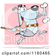 Cartoon Of An Excited Blue Dog Running With A Shovel To Bury A Bone Over Pink Royalty Free Vector Clipart