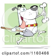 Poster, Art Print Of Excited White Dog Running With A Shovel To Bury A Bone Over Green