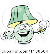 Cartoon Of A Green Lamp Mascot Holding A Light Bulb Royalty Free Vector Clipart by Johnny Sajem