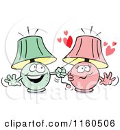 Cartoon Of A Green Lamp Mascot Pulling On A Pink Lamps String You Turn Me On Royalty Free Vector Clipart by Johnny Sajem