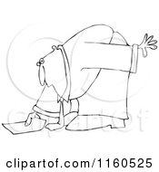 Cartoon Of An Outlined Businessman Bending Over To Pick Up A Piece Of Paper Royalty Free Vector Clipart by djart