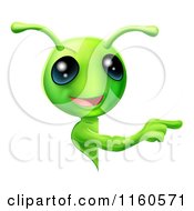 Poster, Art Print Of Cute Green Alien Looking Around A Sign And Pointing