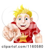 Cartoon Of A Happy Young Blond Man Pointing Outwards Royalty Free Vector Clipart