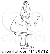 Cartoon Of An Outlined Man Wearing Glasses And Reading A Long Document Royalty Free Vector Clipart by djart