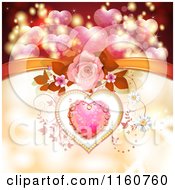 Poster, Art Print Of Valentines Day Background Of A Dewy Pink Heart Roses And Vines With A Bow
