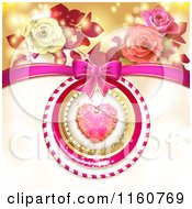 Poster, Art Print Of Valentines Day Background Of A Dewy Pink Heart Roses And A Bow