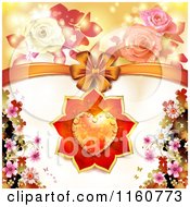 Poster, Art Print Of Valentines Day Or Wedding Background With Roses A Heart And Bow With Blossoms