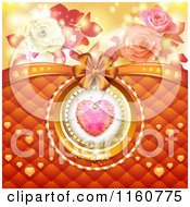Poster, Art Print Of Valentines Day Background Of A Dewy Pink Heart With Padding Roses And A Bow