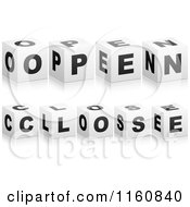 Clipart Of 3d Black And White OPEN And CLOSE Cubes Royalty Free Vector Illustration